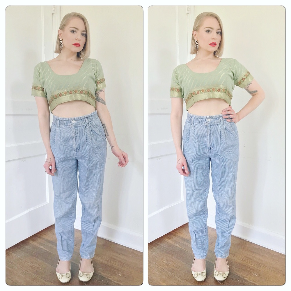 High Waist Vintage Straight Leg Pinstripe Jeans - Picture 1 of 6